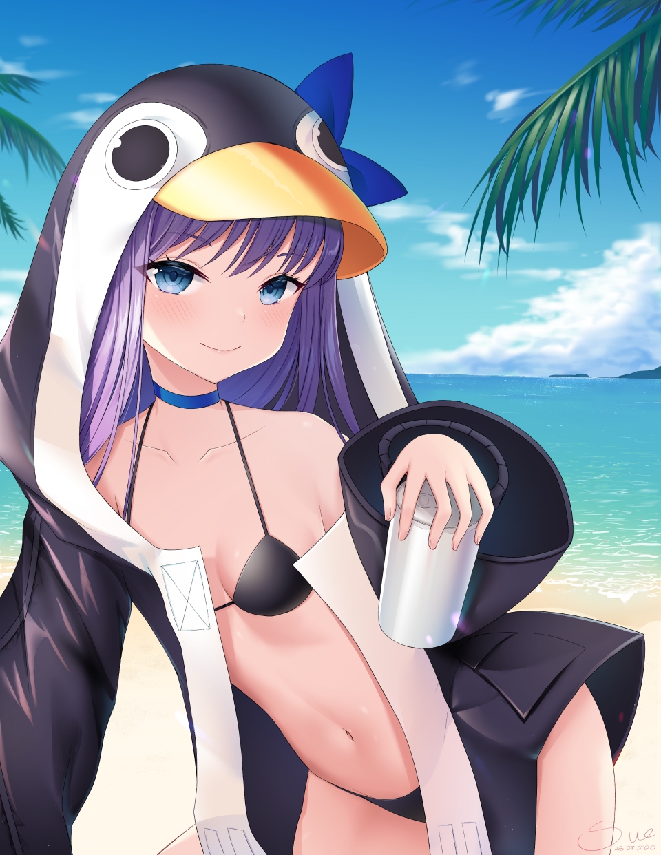 1girl animal_hood bangs bare_shoulders beach bikini black_bikini blue_eyes blue_sky blush bottle breasts choker closed_mouth clouds cloudy_sky collarbone commentary_request cowboy_shot eyebrows_visible_through_hair fate/grand_order fate_(series) hair_between_eyes hand_up highres holding holding_bottle hood horizon jacket long_hair long_sleeves looking_at_viewer meltryllis meltryllis_(swimsuit_lancer)_(fate) navel ocean open_clothes open_jacket penguin_hood purple_hair ribbon sky sleeves_past_fingers sleeves_past_wrists small_breasts smile solo sue_(myblackstar5) swimsuit very_long_hair
