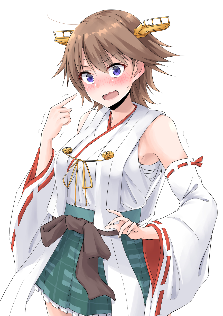 1girl bangs blue_eyes blush breasts brown_hair detached_sleeves eyebrows_visible_through_hair frilled_skirt frills headgear hiei_(kantai_collection) highres japanese_clothes kantai_collection large_breasts nontraditional_miko open_mouth plaid pointing pointing_at_self ribbon-trimmed_sleeves ribbon_trim sarashi short_hair simple_background skirt solo sweat takomeshi wavy_mouth white_background wide_sleeves