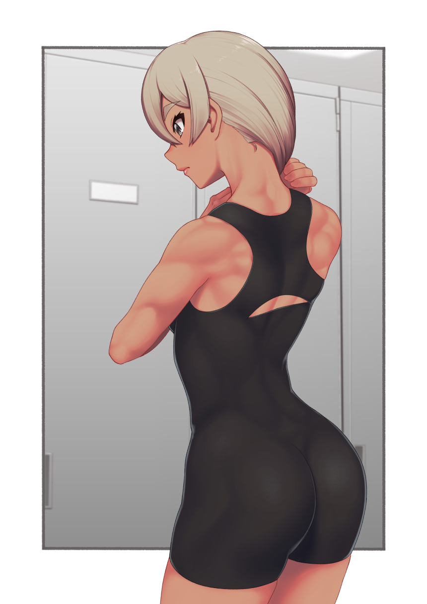 1girl ass bangs black_bodysuit bodysuit closed_mouth commentary eyelashes grey_eyes grey_hair gym_leader hands_up highres pink_lips pokemon pokemon_(game) pokemon_swsh putchers saitou_(pokemon) short_hair solo toned