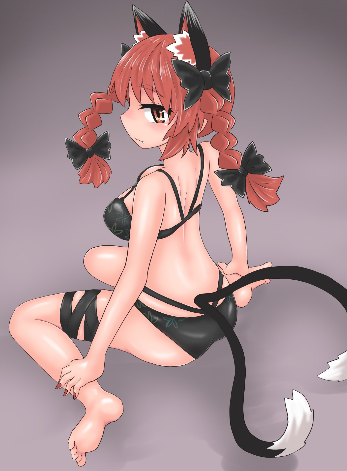 1girl animal_ears bangs bikini black_bikini black_bow black_legwear black_tail bow braid breasts cat_ears cat_tail chups closed_mouth extra_ears eyebrows_visible_through_hair from_side grey_background hair_bow highres kaenbyou_rin looking_at_viewer multiple_tails red_eyes red_nails redhead short_hair solo swimsuit tail touhou twin_braids two_tails