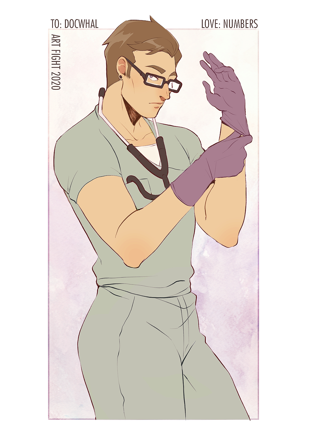 1boy adjusting_clothes adjusting_gloves black-framed_eyewear borrowed_character brown_eyes brown_hair closed_mouth collarbone commission cowboy_shot doctor earrings glasses gloves green_pants green_shirt hands_up highres jewelry male_focus medical_scrubs numbers_(boars) original pants purple_gloves shirt short_sleeves solo standing stethoscope stud_earrings thick_eyebrows