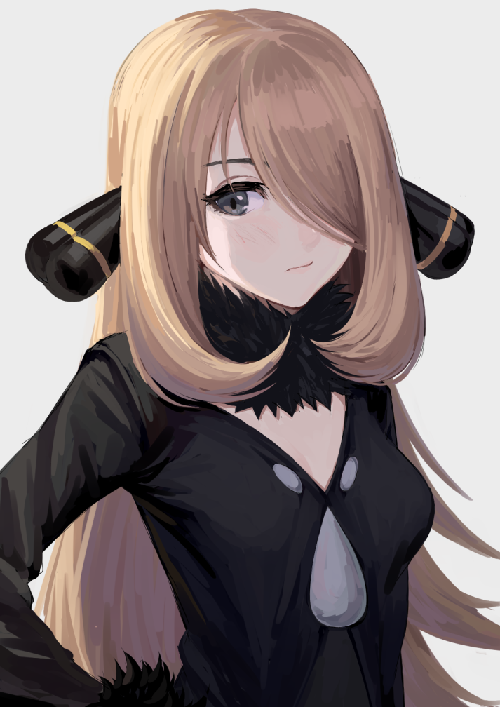 1girl atsuyah0310 black_dress blonde_hair breasts closed_mouth dress grey_background grey_eyes hair_ornament hair_over_one_eye hand_on_hip long_hair looking_at_viewer medium_breasts pokemon pokemon_(game) pokemon_dppt shiny shiny_hair shirona_(pokemon) simple_background solo upper_body very_long_hair