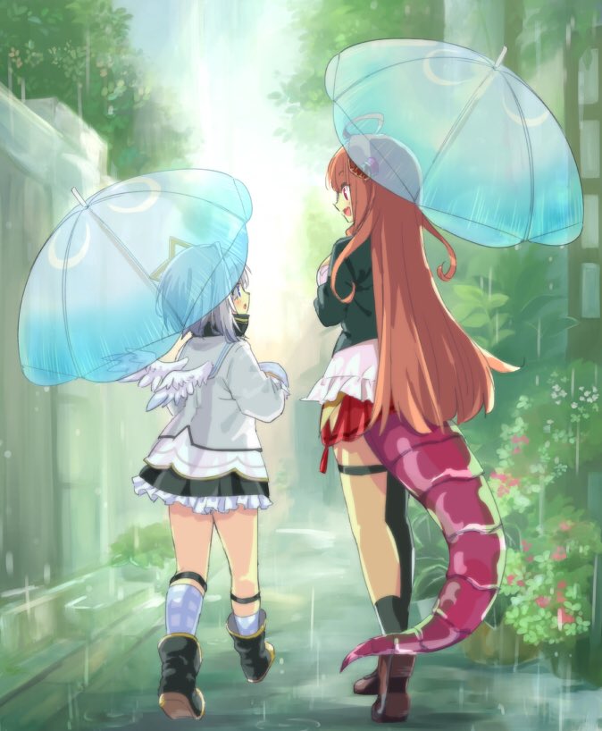 2girls ahoge amane_kanata angel_wings black_jacket black_skirt commentary_request dragon_girl dragon_tail ekuramani eyebrows_visible_through_hair frilled_skirt frills hair_between_eyes holding holding_umbrella hololive jacket kiryuu_coco long_hair looking_at_another multiple_girls outdoors rain redhead short_hair silver_hair skirt tail umbrella virtual_youtuber white_jacket wings