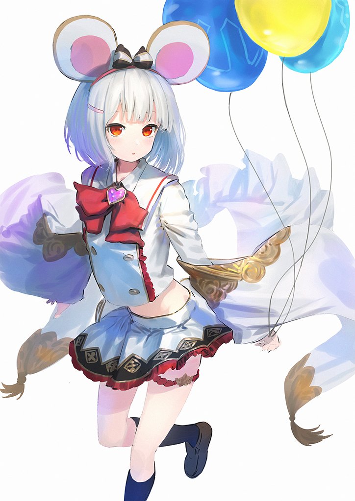 1girl animal_ears balloon black_legwear bow brown_footwear detached_sleeves double-breasted granblue_fantasy hair_bow hair_ornament hairband hairclip holding holding_balloon loafers long_sleeves looking_at_viewer miniskirt mouse_ears parted_lips red_eyes shirt shoes simple_background skirt socks solo standing standing_on_one_leg vikala_(granblue_fantasy) wasabi60 white_background white_shirt