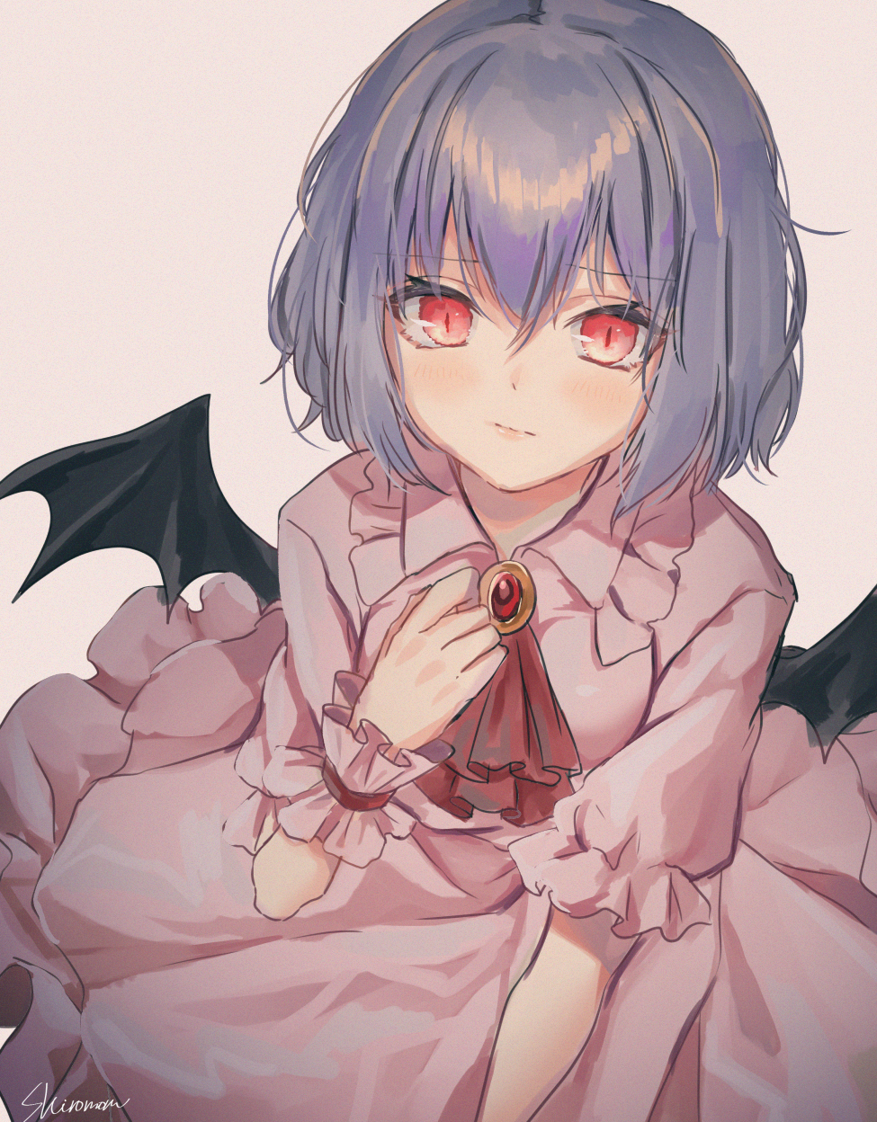 1girl :/ bangs bat_wings beige_background black_wings brooch closed_mouth collar collared_dress commentary cravat dress eyebrows_visible_through_hair frilled_collar frilled_cuffs frilled_sleeves frills hair_between_eyes hand_on_own_chest hand_up highres jewelry lavender_hair looking_at_viewer no_headwear pink_dress puffy_short_sleeves puffy_sleeves red_eyes red_neckwear remilia_scarlet shiromoru_(yozakura_rety) short_hair short_sleeves sidelocks signature simple_background slit_pupils solo touhou wings wrist_cuffs