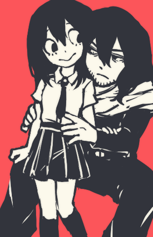 1boy 1girl age_difference aizawa_shouta asui_tsuyu bangs boku_no_hero_academia child closed_mouth commentary_request eye_contact facial_hair flat_chest half-closed_eyes hand_on_another's_arm hand_on_another's_knee hands_up hetero kneehighs knees_together_feet_apart long_hair long_sleeves looking_at_another lowres miniskirt monochrome necktie pants pleated_skirt red_background robot_(pixiv_42325944) scarf school_uniform shirt short_sleeves simple_background sitting sketch skirt spread_legs standing torso_grab younger