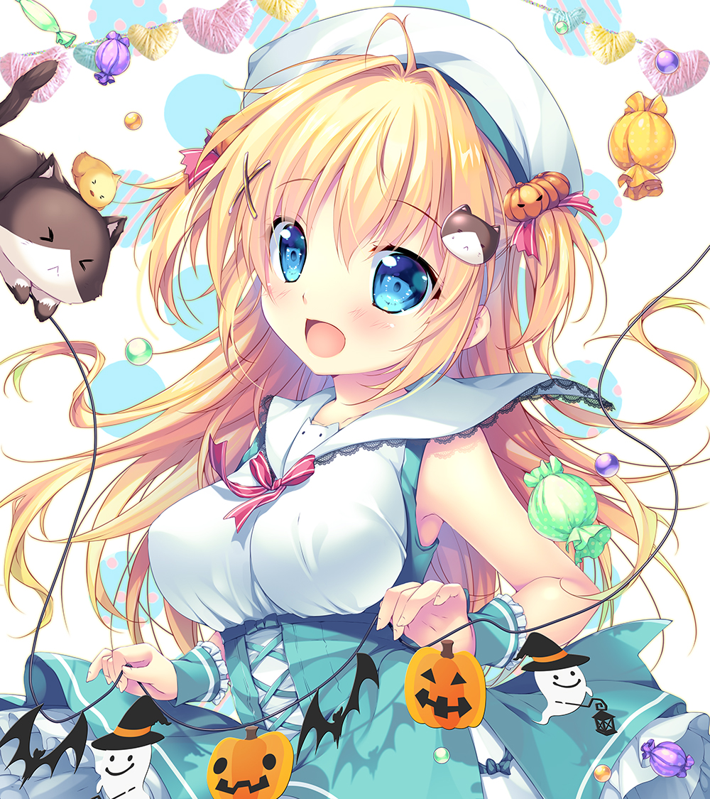 &gt;_&lt; 1girl :&lt; :d ahoge animal bare_shoulders blonde_hair blue_eyes blue_skirt blush breasts candy_wrapper cat closed_mouth commentary_request hair_intakes hair_ornament halloween hat heart holding jack-o'-lantern jack-o'-lantern_hair_ornament long_hair looking_at_viewer medium_breasts mikeou open_mouth original shirt skirt sleeveless sleeveless_shirt smile solo two_side_up very_long_hair white_background white_headwear white_shirt wrist_cuffs