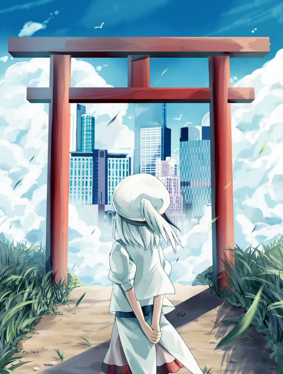 1girl arms_behind_back bird bow building city cityscape clouds facing_away grass hat hichou highres holding_hands hollow_song_of_birds looking_away path pink_skirt shirt short_hair skirt skyscraper sleeves solo tailcoat torii torisumi_horou white_hair