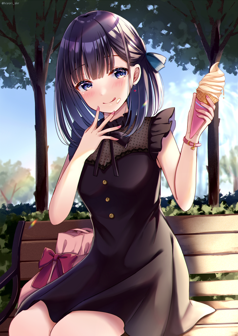 1girl :q bag bangs bare_arms bare_shoulders bench black_dress black_hair blue_eyes blue_ribbon closed_mouth commentary_request day dress earrings eyebrows_visible_through_hair food food_on_face hair_ribbon hands_up holding holding_food ice_cream ice_cream_cone ice_cream_on_face jewelry long_hair looking_at_viewer nail_polish on_bench one_side_up original outdoors park_bench pink_nails ribbon sakura_hiyori sitting_on_bench sleeveless sleeveless_dress smile soft_serve solo tongue tongue_out tree