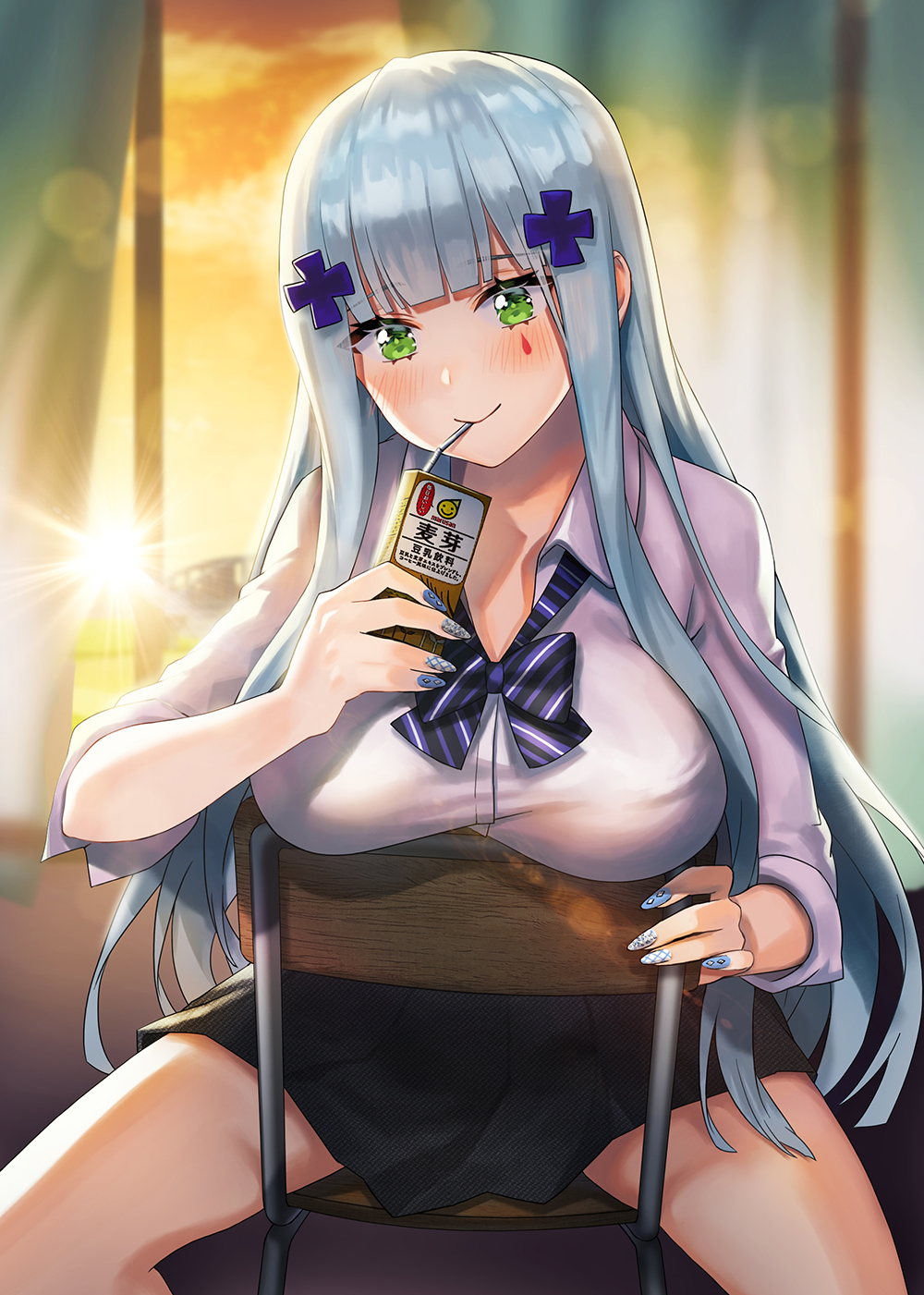 1girl bangs black_skirt blue_hair blush bow bowtie breasts chair drink eyebrows_visible_through_hair girls_frontline green_eyes highres hk416_(girls_frontline) juice_box large_breasts long_hair looking_at_viewer noixen school_uniform shirt sitting skirt smile solo spread_legs white_shirt