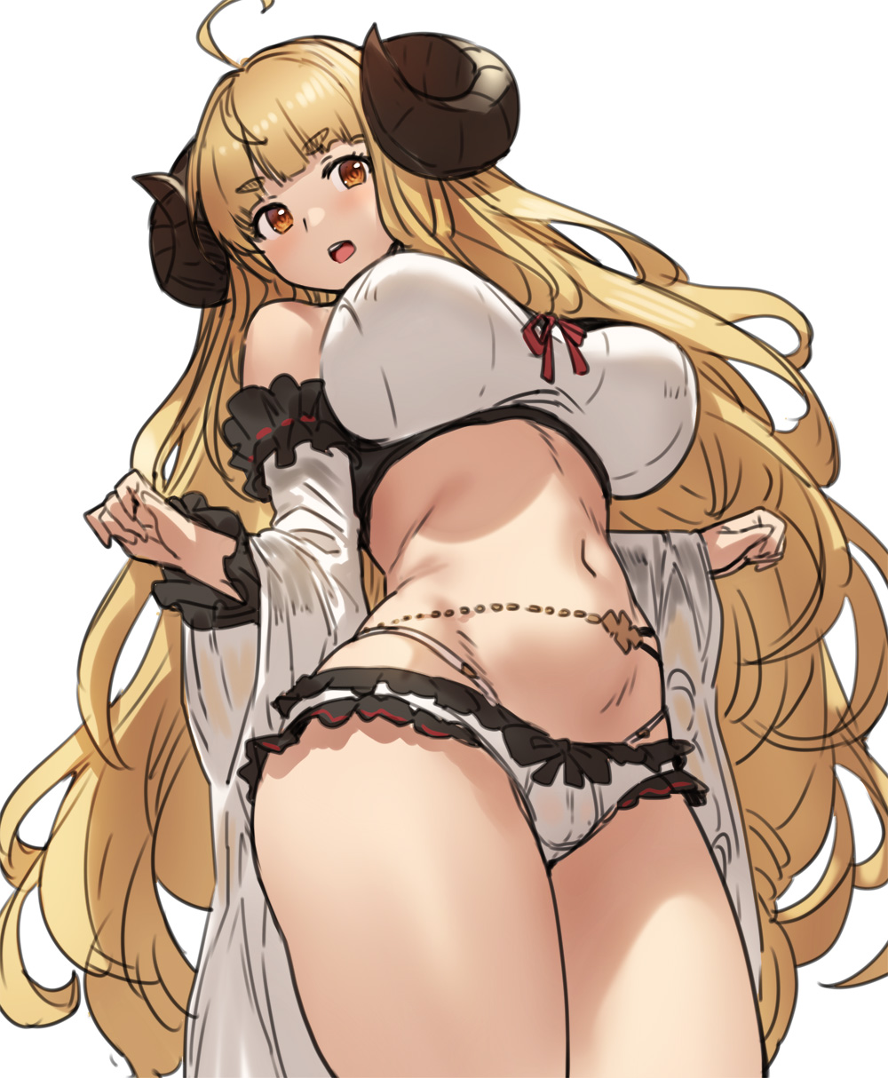 1girl ahoge anila_(granblue_fantasy) bangs bare_shoulders belly_chain bikini blonde_hair breasts draph granblue_fantasy highres horns houtengeki jewelry large_breasts long_hair looking_at_viewer navel open_mouth sheep_horns short_eyebrows simple_background swimsuit thighs very_long_hair white_background wide_sleeves yellow_eyes