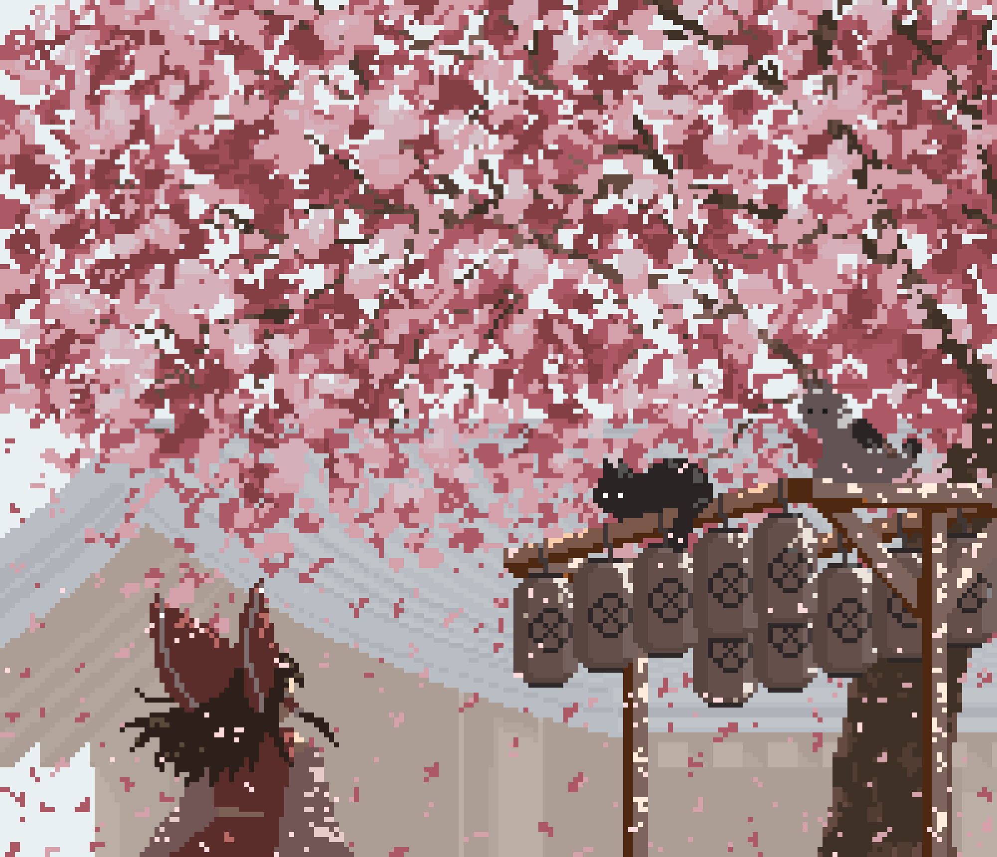 1girl animal architecture black_cat bow brown_hair cat cherry_blossoms east_asian_architecture falling_petals floating_hair from_behind hair_bow hair_tubes hakurei_reimu hakurei_shrine highres lantern large_bow long_sleeves medium_hair oubachiago petals pixel_art red_bow red_shirt red_skirt shadow shirt shrine skirt skirt_set sleeveless sleeveless_shirt solo touhou tree upper_body wide_shot wide_sleeves wind