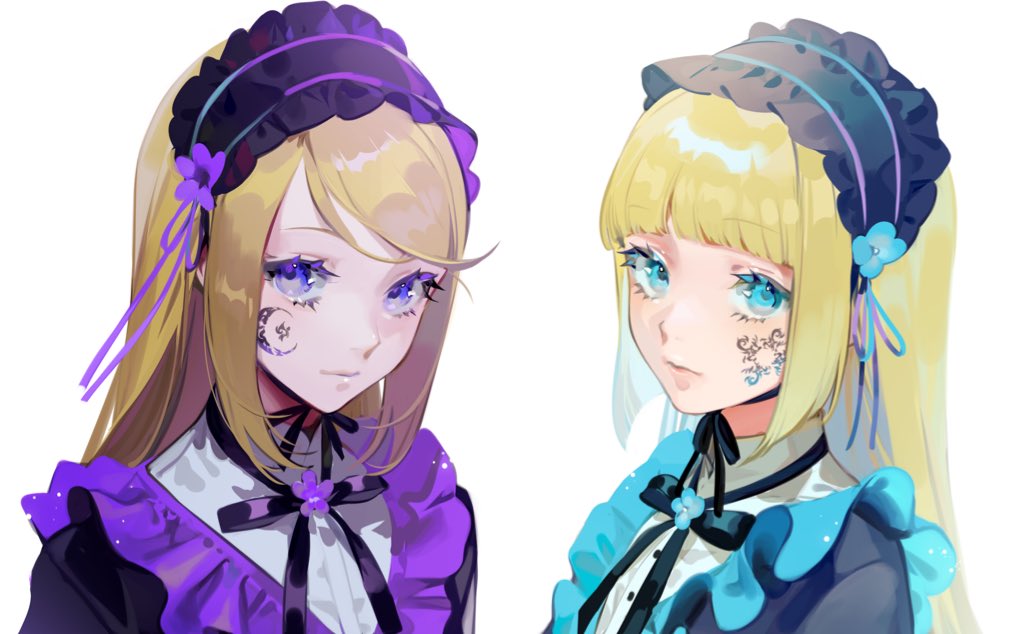 2girls bad_id bad_twitter_id black_choker black_ribbon blue_eyes blue_theme choker closed_mouth facial_tattoo hairband looking_at_viewer multiple_girls neck_ribbon ohisashiburi original purple_theme ribbon ribbon_choker simple_background smile tattoo violet_eyes white_background