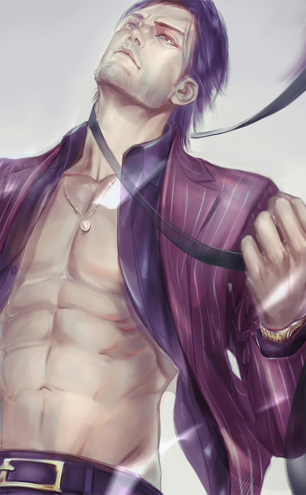 1boy abs akiyama_shun bare_chest belt belt_buckle black_belt black_eyes black_hair black_neckwear black_shirt buckle chain chest closed_mouth collarbone collared_shirt commentary dress_shirt facial_hair formal gold_chain highres holding holding_tie jacket jewelry jujuju long_sleeves looking_away male_focus navel necklace necktie necktie_removed open_clothes open_jacket open_shirt pectorals pinstripe_pattern red_jacket ryuu_ga_gotoku shirt short_hair simple_background solo stomach striped striped_jacket stubble suit toned toned_male upper_body watch watch white_background