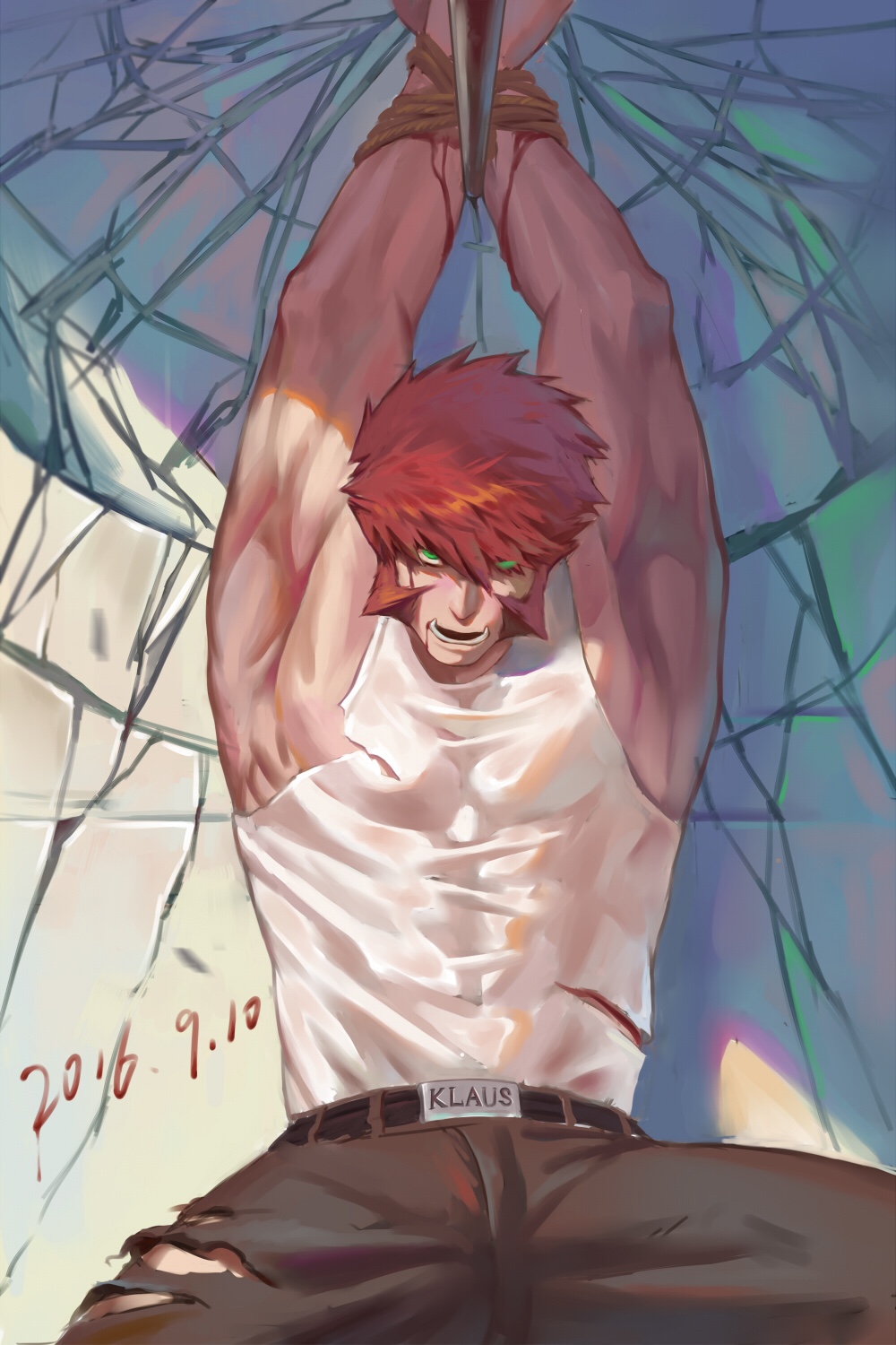 1boy bara beard belt blood blood_on_face bound bound_wrists chest eightmillion facial_hair green_eyes highres kekkai_sensen klaus_von_reinhertz male_focus manly muscle pants pectorals redhead shirtless solo tank_top thighs torn_clothes