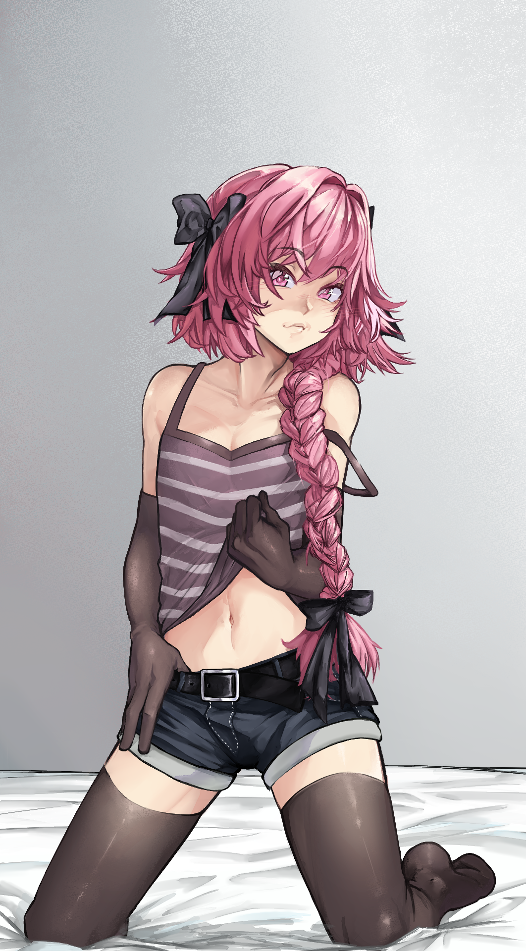1boy astolfo_(fate) bare_shoulders belt black_belt black_gloves black_legwear black_shorts braid camisole camisole_lift collarbone elbow_gloves eyebrows_visible_through_hair fang fate/apocrypha fate/grand_order fate_(series) gloves hair_intakes hair_over_shoulder highres kneeling kobi420 lifted_by_self long_braid long_hair looking_at_viewer multicolored_hair navel otoko_no_ko pink_hair short_shorts shorts single_braid skin_fang solo stomach strap_slip streaked_hair striped_camisole thigh-highs undressing violet_eyes white_hair