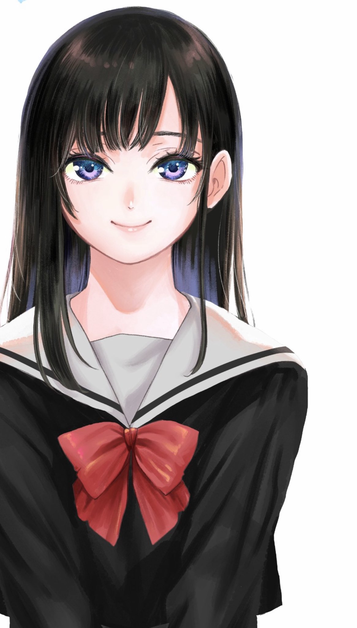 1girl black_serafuku black_shirt bow bowtie brown_hair closed_mouth highres long_hair looking_at_viewer nikaidou_kou original red_bow red_neckwear sailor_collar school_uniform serafuku shirt simple_background smile solo upper_body violet_eyes white_background white_sailor_collar