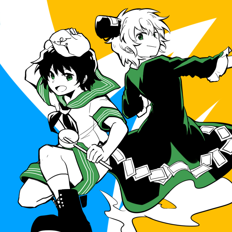 2girls anchor_symbol black_footwear black_hair black_headwear blue_background boots commentary_request dress full_body ghost_tail green_dress green_eyes hand_on_headwear hat hishaku lightning_bolt limited_palette long_sleeves looking_at_viewer multiple_girls murasa_minamitsu open_mouth sailor_collar sailor_shirt shikushiku_(amamori_weekly) shirt short_hair short_sleeves shorts smile socks soga_no_tojiko tate_eboshi touhou two-tone_background white_headwear white_legwear white_shirt white_shorts yellow_background