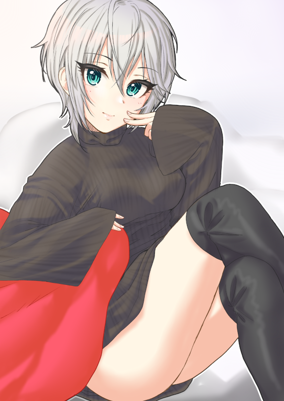 1girl anastasia_(idolmaster) aqua_eyes bangs black_legwear black_sweater closed_mouth dress eyebrows_visible_through_hair ginnote hair_between_eyes idolmaster idolmaster_cinderella_girls looking_at_viewer ribbed_sweater short_hair silver_hair sitting sleeves_past_wrists smile solo sweater sweater_dress thigh-highs zettai_ryouiki