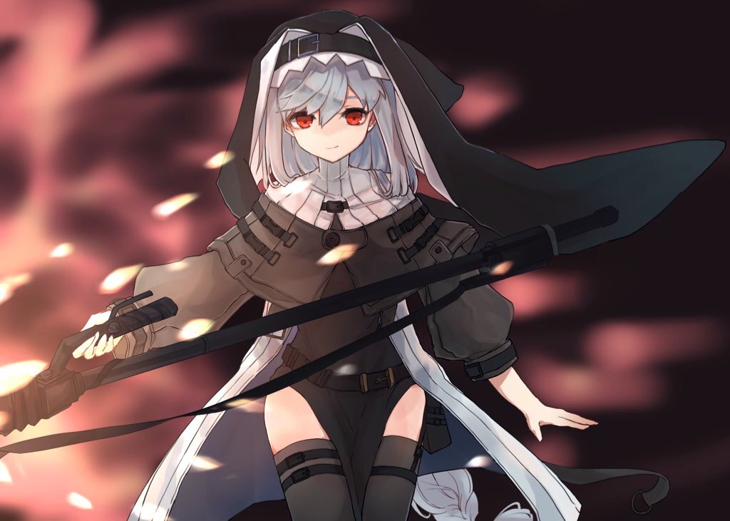1girl arknights bangs belt belt_buckle black_belt black_dress buckle circular_saw closed_mouth dress eyebrows_visible_through_hair feet_out_of_frame grey_hair habit hair_between_eyes hands_on_own_face hands_up holding holding_weapon long_hair long_sleeves looking_at_viewer nacoty nun red_eyes silver_hair smile solo specter_(arknights) weapon
