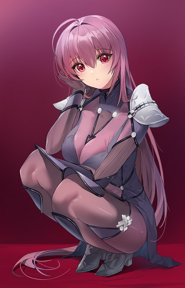 1girl armor bangs blush bodysuit breasts damda fate/grand_order fate_(series) gradient gradient_background hair_between_eyes large_breasts long_hair looking_at_viewer parted_lips pauldrons purple_background purple_bodysuit purple_hair red_eyes scathach_(fate)_(all) scathach_(fate/grand_order) shoulder_armor squatting