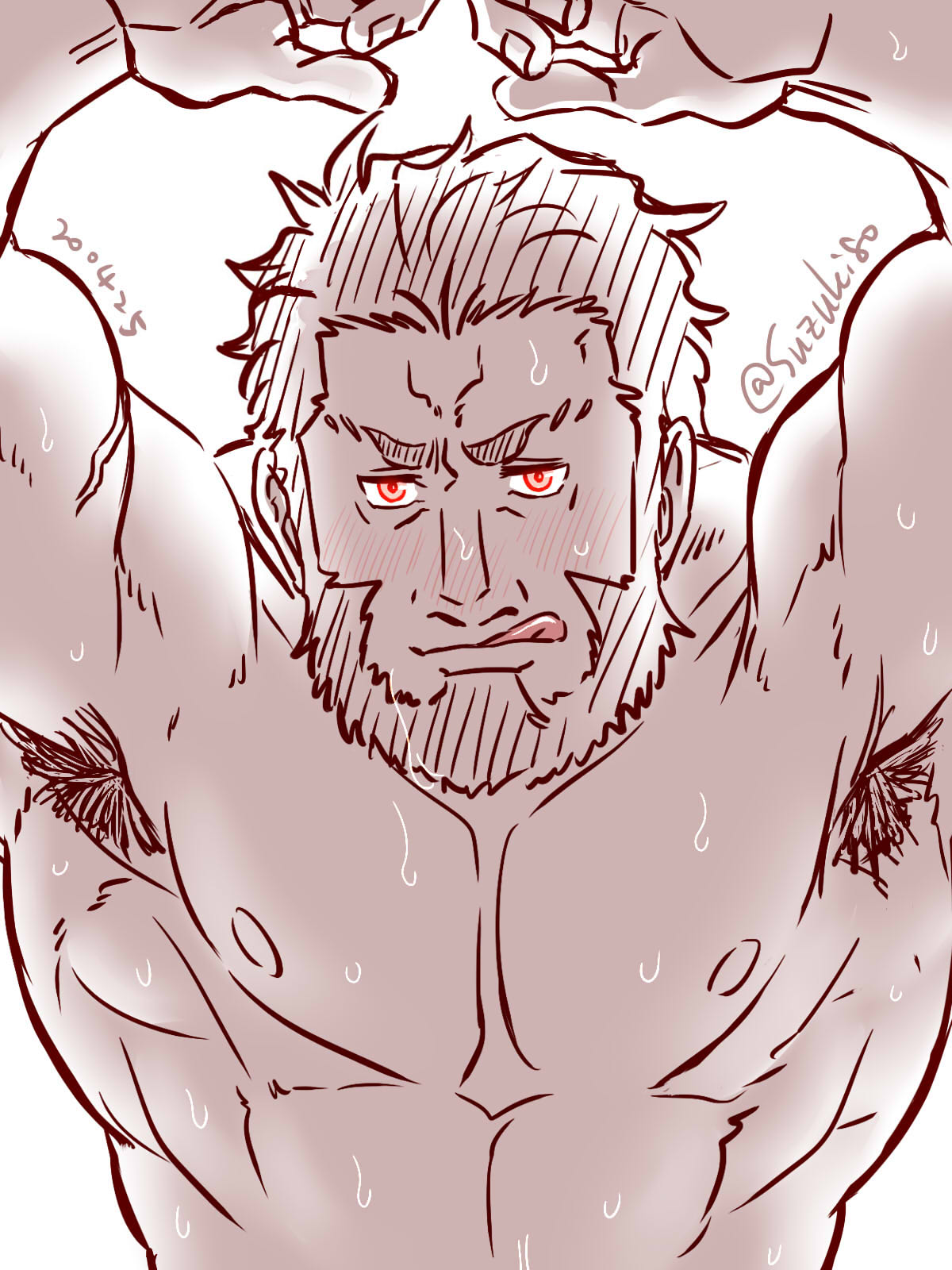 1boy abs armpit_hair arms_up bara beard blush chest excited facial_hair fate/grand_order fate/zero fate_(series) greyscale highres iskandar_(fate) licking_lips looking_at_viewer male_focus manly monochrome muscle nipples pectorals pov sexually_suggestive solo suzuki80 sweatdrop tongue tongue_out