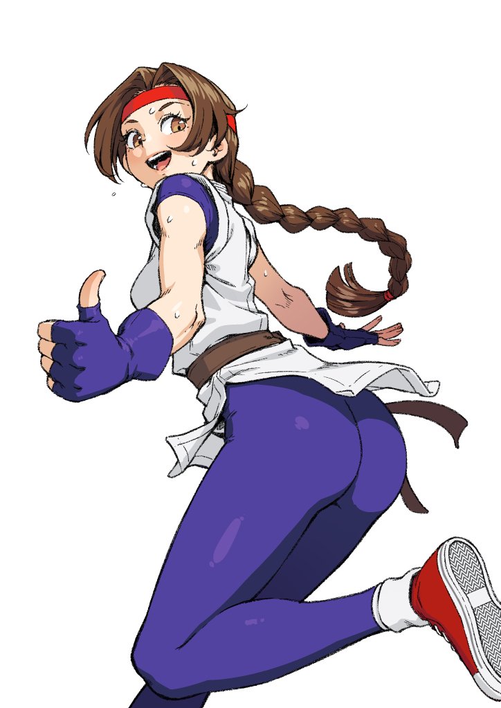 1girl ass belt blue_bodysuit blue_gloves bodysuit braid brown_belt brown_eyes brown_hair dougi fingerless_gloves from_behind gloves headband hippopotamuso long_hair looking_back open_mouth red_footwear red_headband single_braid snk solo spandex sweat thumbs_up very_long_hair yuri_sakazaki