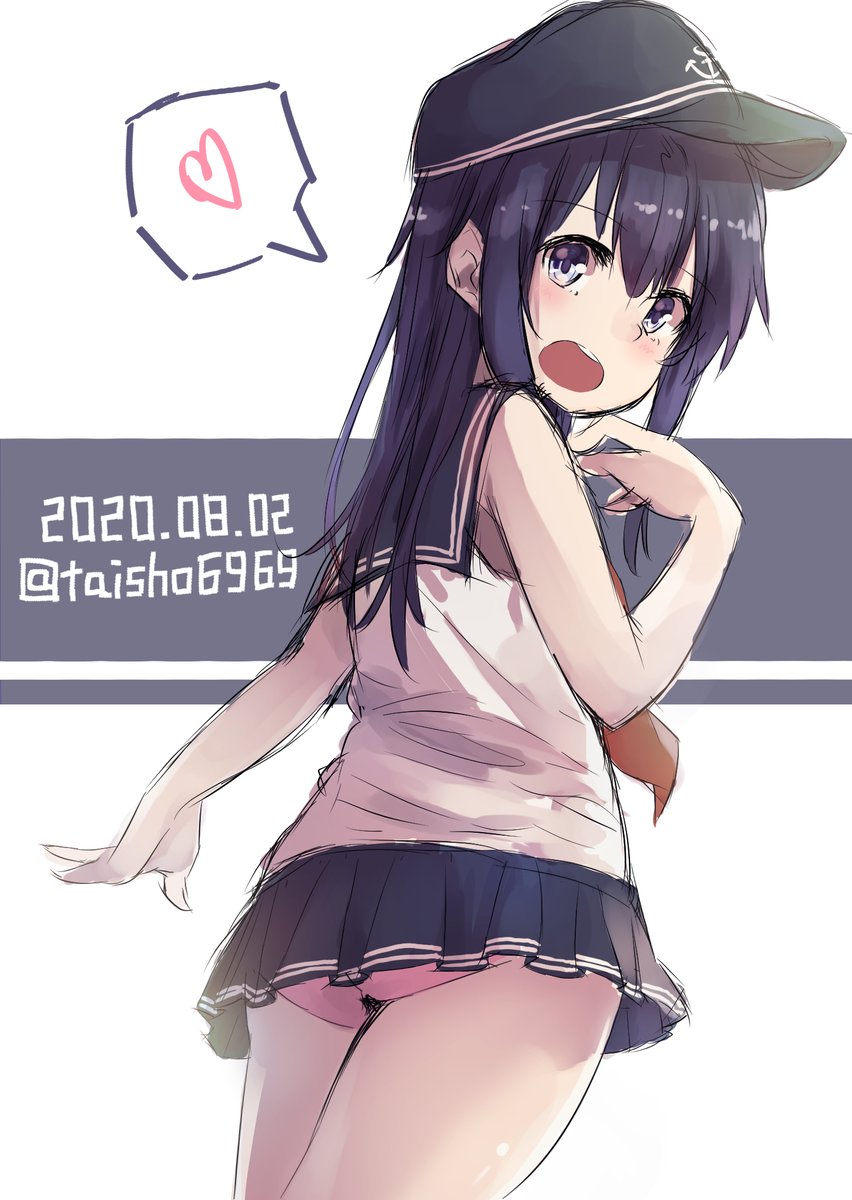 1girl adapted_costume akatsuki_(kantai_collection) alternate_sleeve_length ass black_hair black_sailor_collar black_skirt dated flat_cap from_behind hat heart highres kantai_collection looking_at_viewer looking_back open_mouth panties pink_panties pleated_skirt round_teeth sailor_collar shirt skirt sleeveless sleeveless_shirt solo spoken_heart taisho_(gumiyuki) teeth twitter_username two-tone_background underwear upper_teeth violet_eyes white_background