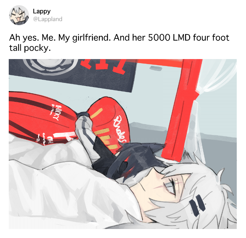 2girls 500_dollar_four_foot_tall_mareep animal_ears arknights bed black_hair blanket english_text food hair_ornament hairclip lappland_(arknights) multiple_girls pocky scar scar_across_eye stuffed_toy texas_(arknights) twitter vento white_hair wolf_ears