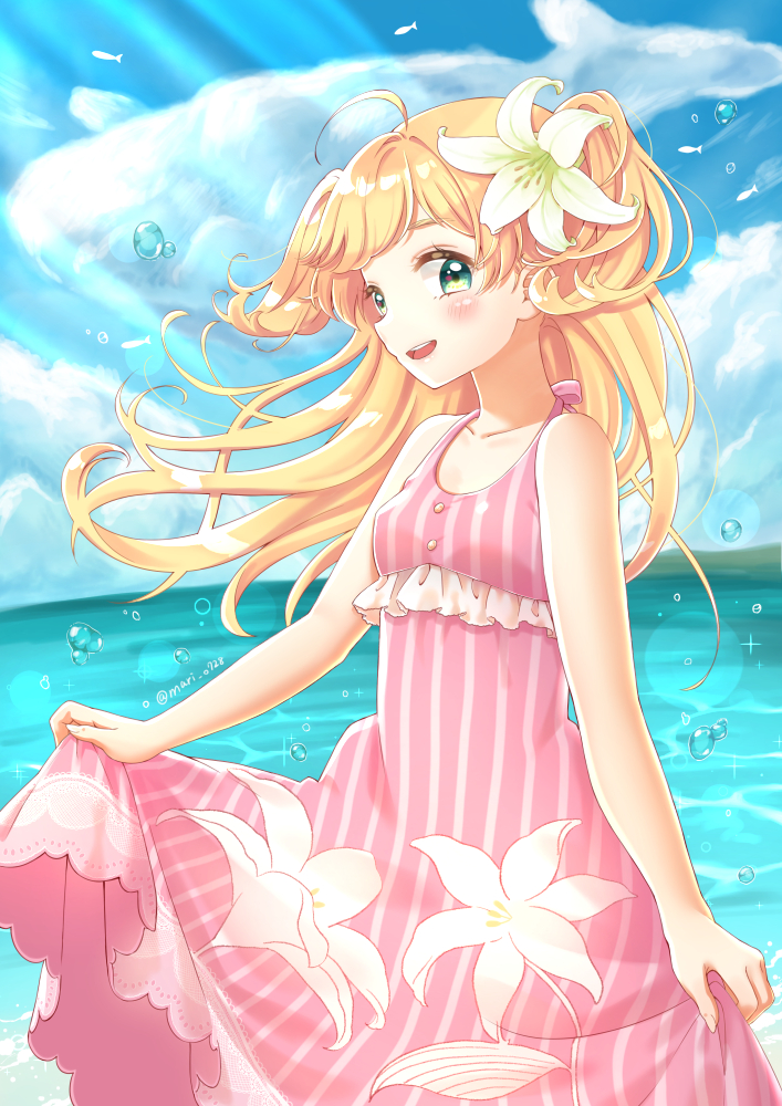 1girl :d bare_shoulders beach blonde_hair blush bubble dress dress_lift fish floral_print flower green_eyes hair_flower hair_ornament kamimura_asari looking_at_viewer ocean open_mouth original pink_dress smile solo twitter_username