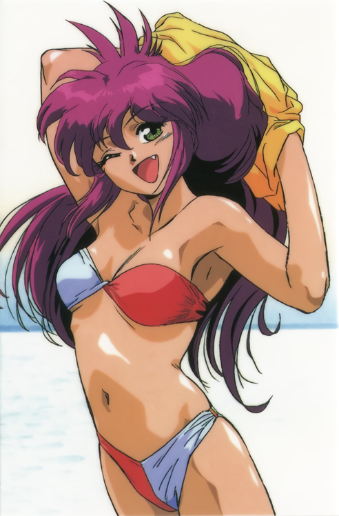1990s_(style) 1girl all_purpose_cultural_cat_girl_nuku_nuku arms_up bandeau bikini cowboy_shot fang green_eyes long_hair looking_at_viewer natsume_atsuko navel official_art one_eye_closed open_mouth photoshop_(medium) pink_hair solo strapless strapless_bikini swimsuit undressing