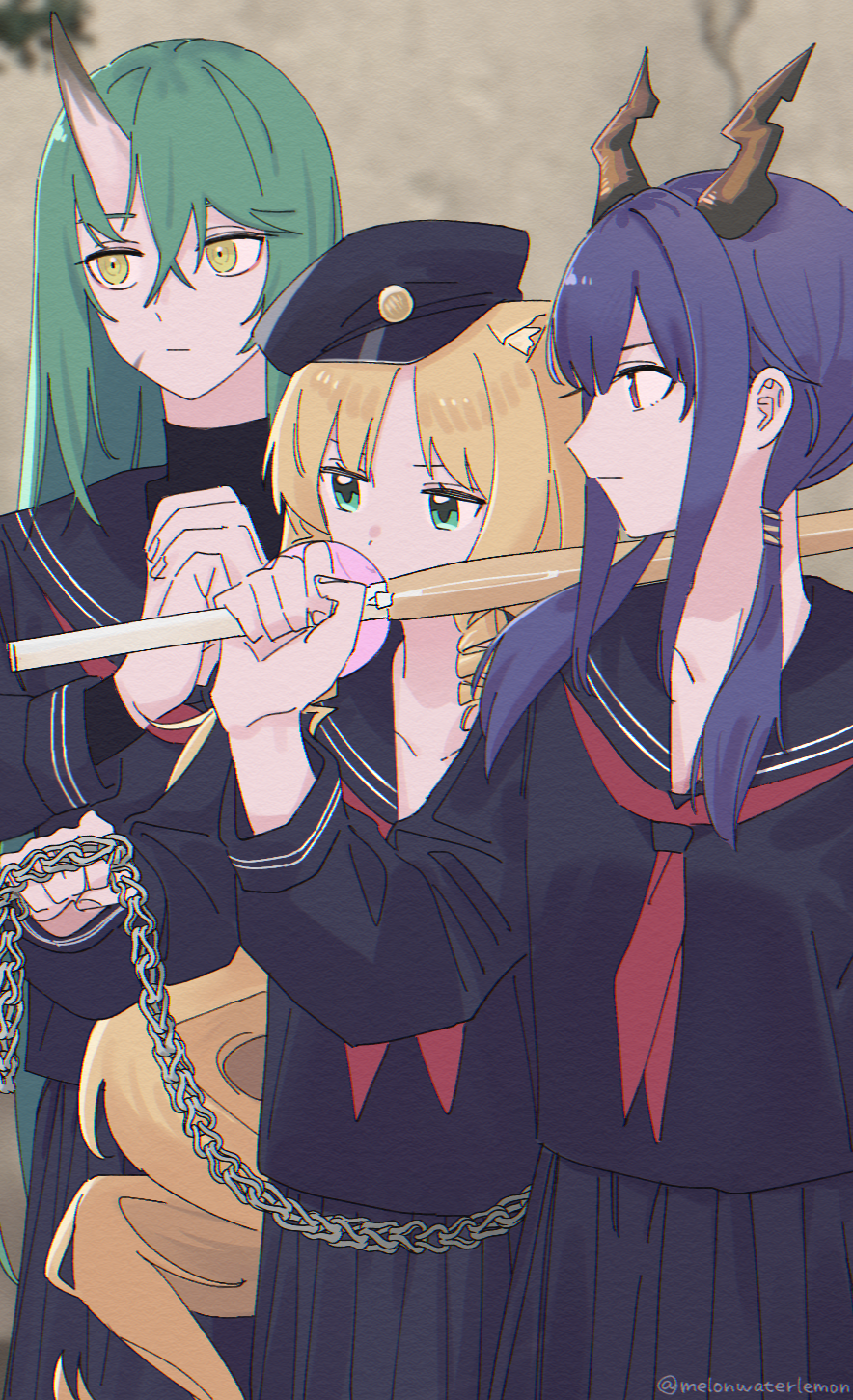 3girls animal_ears arknights black_serafuku blonde_hair blue_hair bokken ch'en_(arknights) chain dragon_horns drill_hair facial_scar green_hair highres horns hoshiguma_(arknights) long_hair multiple_girls oni_horns scar scar_on_cheek school_uniform serafuku single_horn swire_(arknights) sword tiger_ears twin_drills twintails weapon wooden_sword yankee