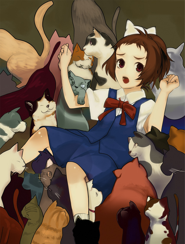 1girl animal_focus blue_skirt blue_vest brown_eyes brown_hair cat clenched_hands collared_shirt fingernails hands_up looking_at_viewer neck_ribbon neko_no_ongaeshi open_mouth red_neckwear red_ribbon ribbon school_uniform shirabi shirt short_hair skirt solo studio_ghibli too_many too_many_cats vest white_shirt wing_collar yoshioka_haru