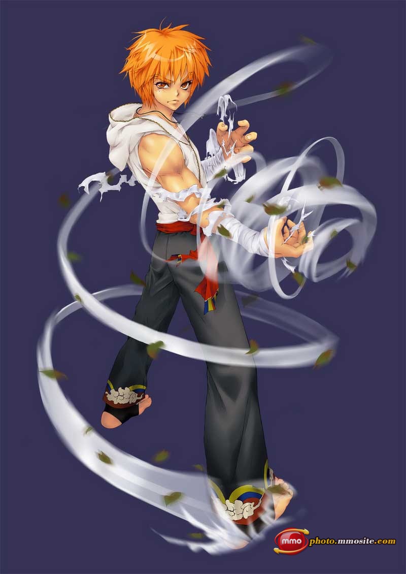 1boy :&lt; bandaged_hand black_pants blue_background cowboy_shot cro_(mini_fighter) hood_down hoodie leaves_in_wind looking_at_viewer mini_fighter muscle necklace official_art orange_eyes orange_hair red_belt serious short_hair short_sleeved_hoodie sleeveless_shirt solo toeless_socks watermark white_shirt wind zipper