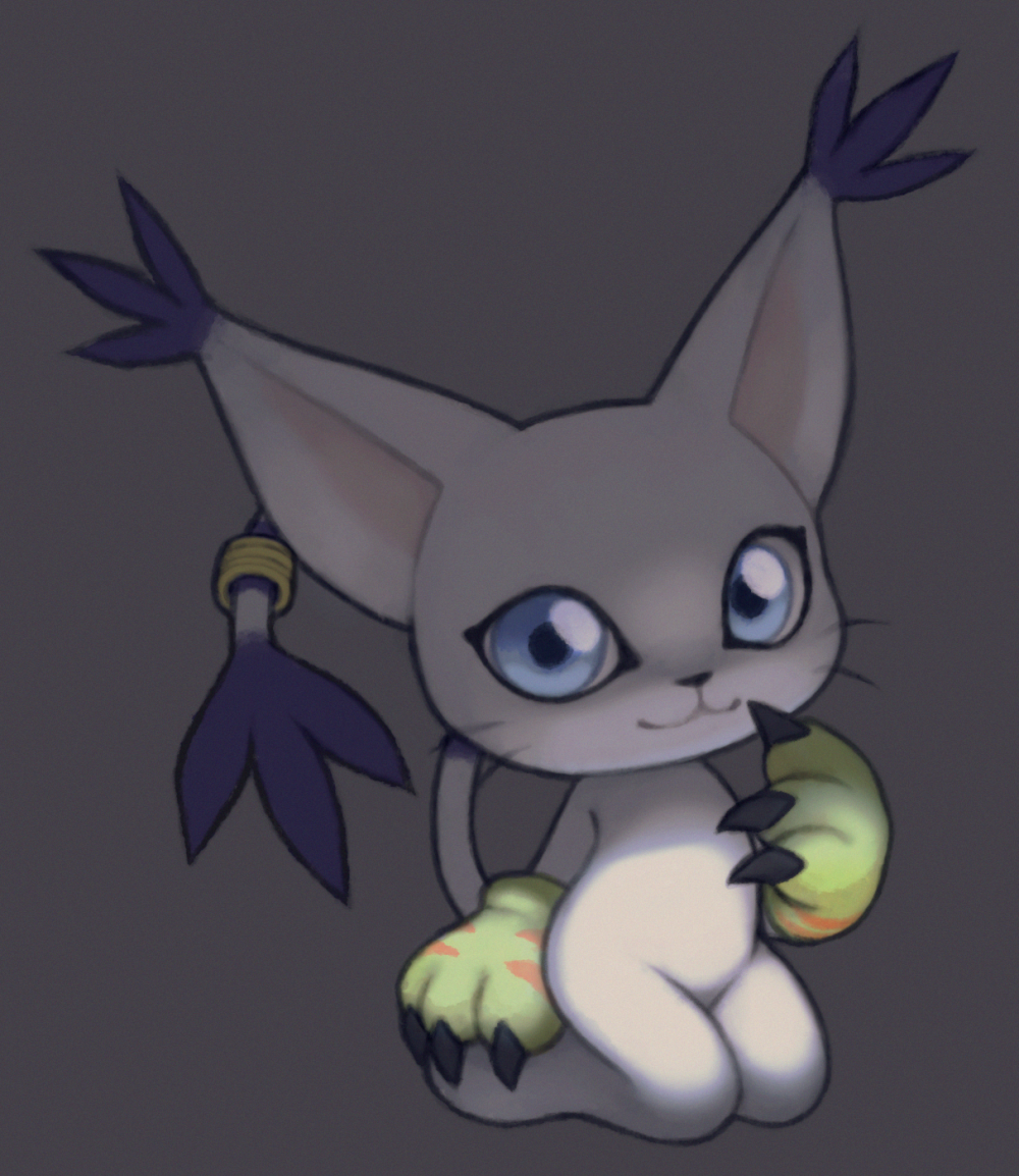 :3 animal_ears blue_eyes cat_ears cat_tail claws closed_mouth digimon full_body furry gloves grey_background hand_up happy kneeling looking_at_viewer paw_gloves paws robot_(pixiv_42325944) simple_background smile solo tail tail_ring tailmon whiskers