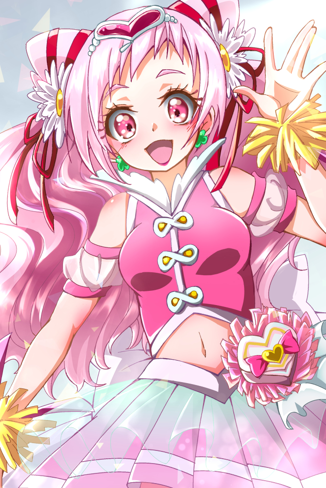 1girl :d back_bow bangs bare_shoulders blush bow breasts clover_earrings commentary_request cowboy_shot cure_yell earrings flower hair_flower hair_ornament hair_ribbon heart heart_hair_ornament hugtto!_precure jewelry kon'no_haruka layered_skirt lipstick long_hair looking_at_viewer magical_girl makeup medium_breasts navel navel_cutout open_mouth pink_eyes pink_hair pink_shirt pink_skirt pom_poms precure red_lipstick red_ribbon ribbon shirt sidelocks skirt sleeveless sleeveless_shirt smile solo standing waving white_bow