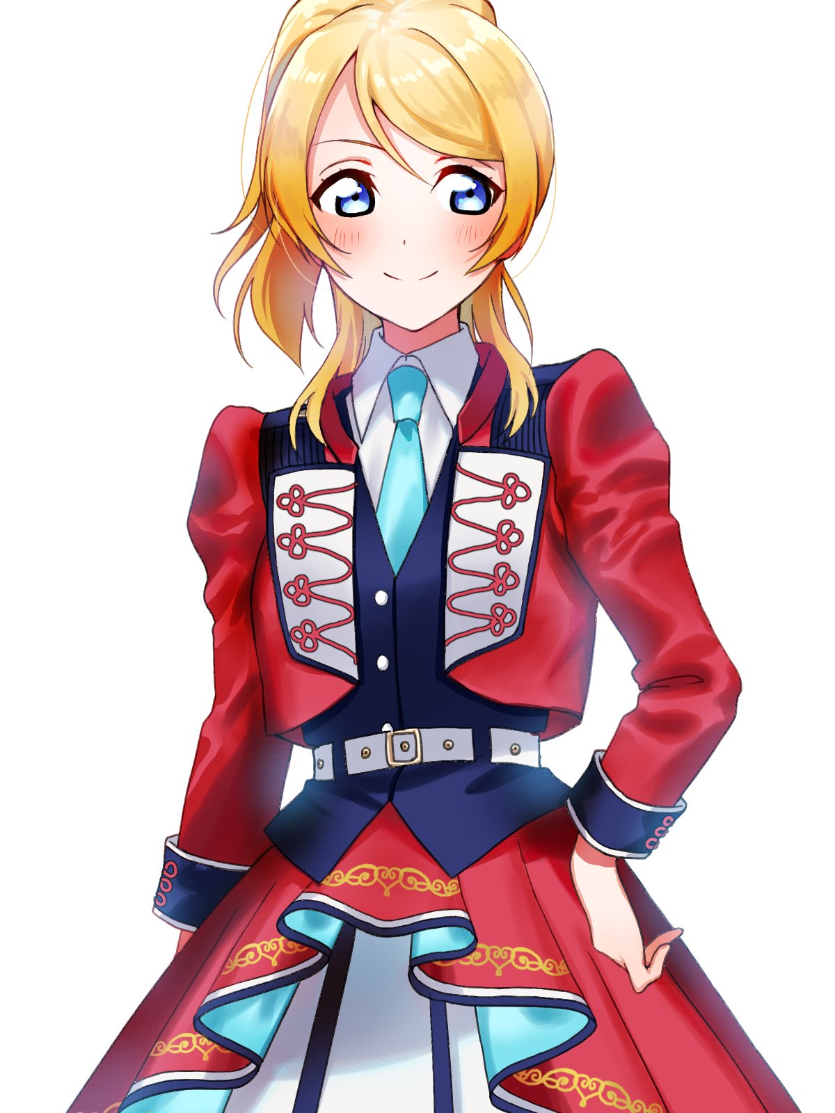 1girl ayase_eli belt blonde_hair blue_eyes blue_neckwear facing_viewer hand_on_hip highres jacket long_hair long_sleeves looking_away looking_to_the_side love_live! love_live!_school_idol_project naarann necktie ponytail red_jacket red_skirt simple_background skirt smile solo white_background