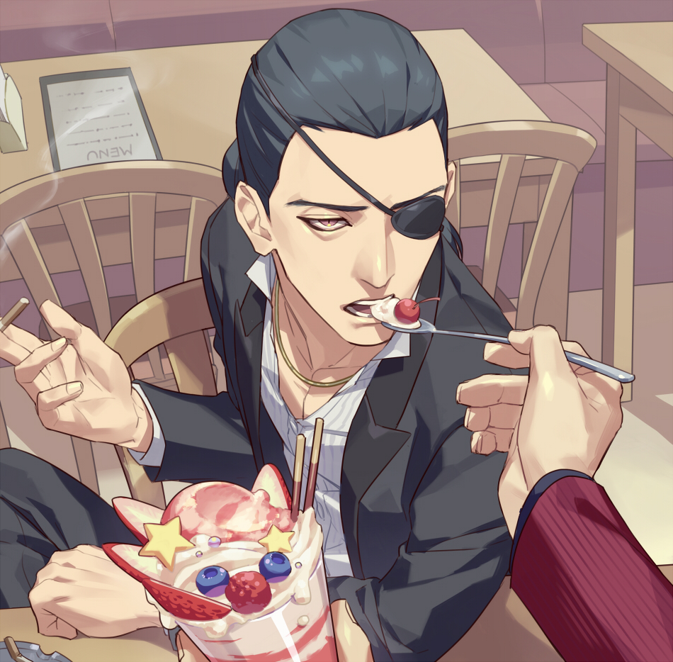 2boys bags_under_eyes black_eyepatch black_hair black_jacket blueberry brown_eyes chain chair cherry cigarette collarbone collared_shirt commentary cup dress_shirt eating eyepatch feeding food forehead formal fruit gold_chain hair_pulled_back holding holding_cigarette holding_spoon ice_cream jacket jewelry long_sleeves looking_at_viewer majima_gorou male_focus medium_hair menu multiple_boys nishitani_homare one_eye_covered open_clothes open_jacket open_mouth open_shirt parfait pinstripe_pattern pinstripe_shirt pocky ponytail pov pov_hands red_suit ryuu_ga_gotoku shirt sitting spoon striped suit talgi teeth white_shirt wooden_chair