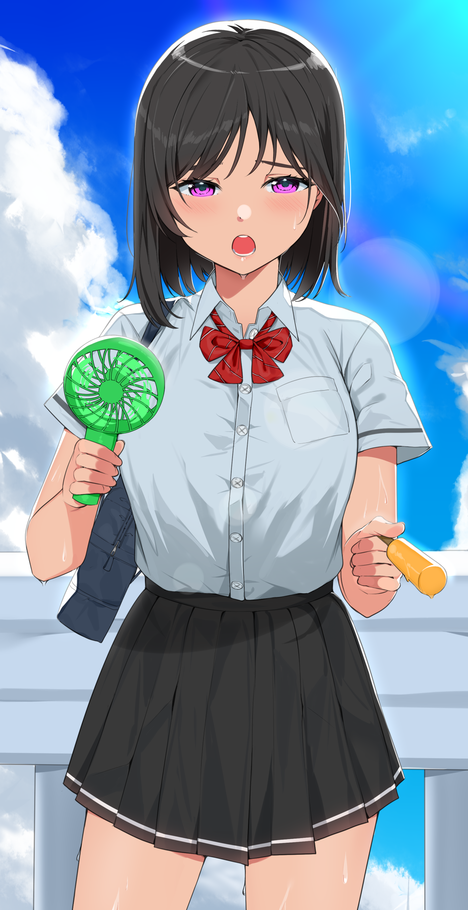 1girl black_hair black_skirt blue_sky blush bow clouds collared_shirt commentary cowboy_shot day dress_shirt electric_fan food foreshortening half-closed_eyes handheld_fan highres holding holding_food looking_at_viewer open_mouth original outdoors pink_eyes pleated_skirt popsicle railing red_bow school_uniform shirt short_sleeves skirt sky solo standing suzuharu_toufu sweat upper_teeth white_shirt
