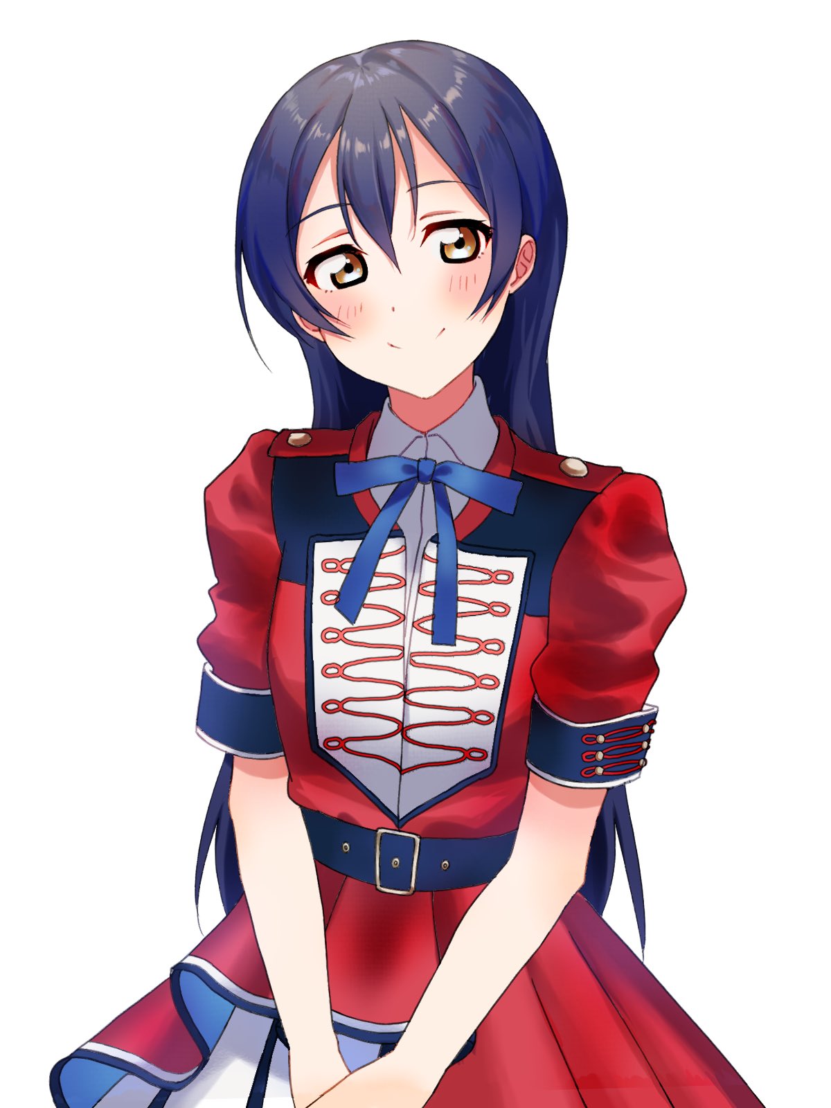 1girl belt blue_hair brown_eyes dress facing_viewer highres long_hair looking_at_viewer love_live! love_live!_school_idol_project naarann red_dress short_sleeves simple_background smile solo sonoda_umi white_background