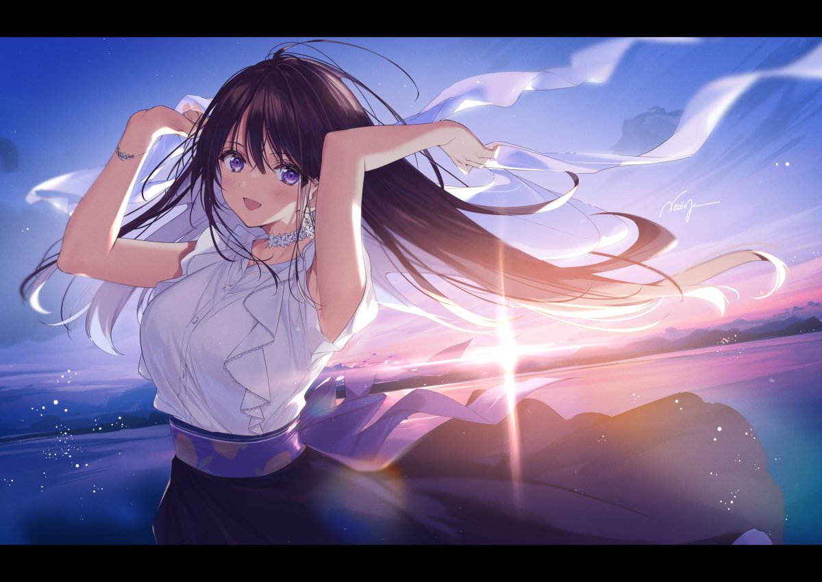 1girl armpits arms_up backlighting bare_arms black_hair black_skirt blue_sky breasts choker diffraction_spikes dress_shirt floating_hair high-waist_skirt large_breasts letterboxed long_hair long_skirt looking_at_viewer necomi original shirt shirt_tucked_in short_sleeves skirt sky solo sunlight sunset violet_eyes white_choker white_shirt
