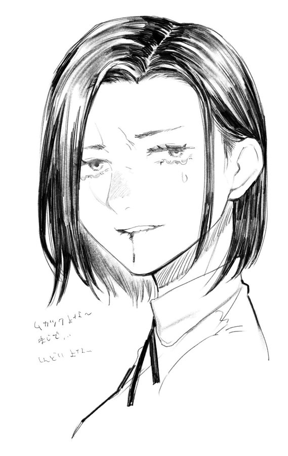 1girl biting_lip black_hair blood blood_on_face bolo_tie collared_shirt crying crying_with_eyes_open dress_shirt grey_eyes japanese_commentary looking_at_viewer monochrome original portrait sanpaku shirt short_hair tears translation_request white_background white_shirt