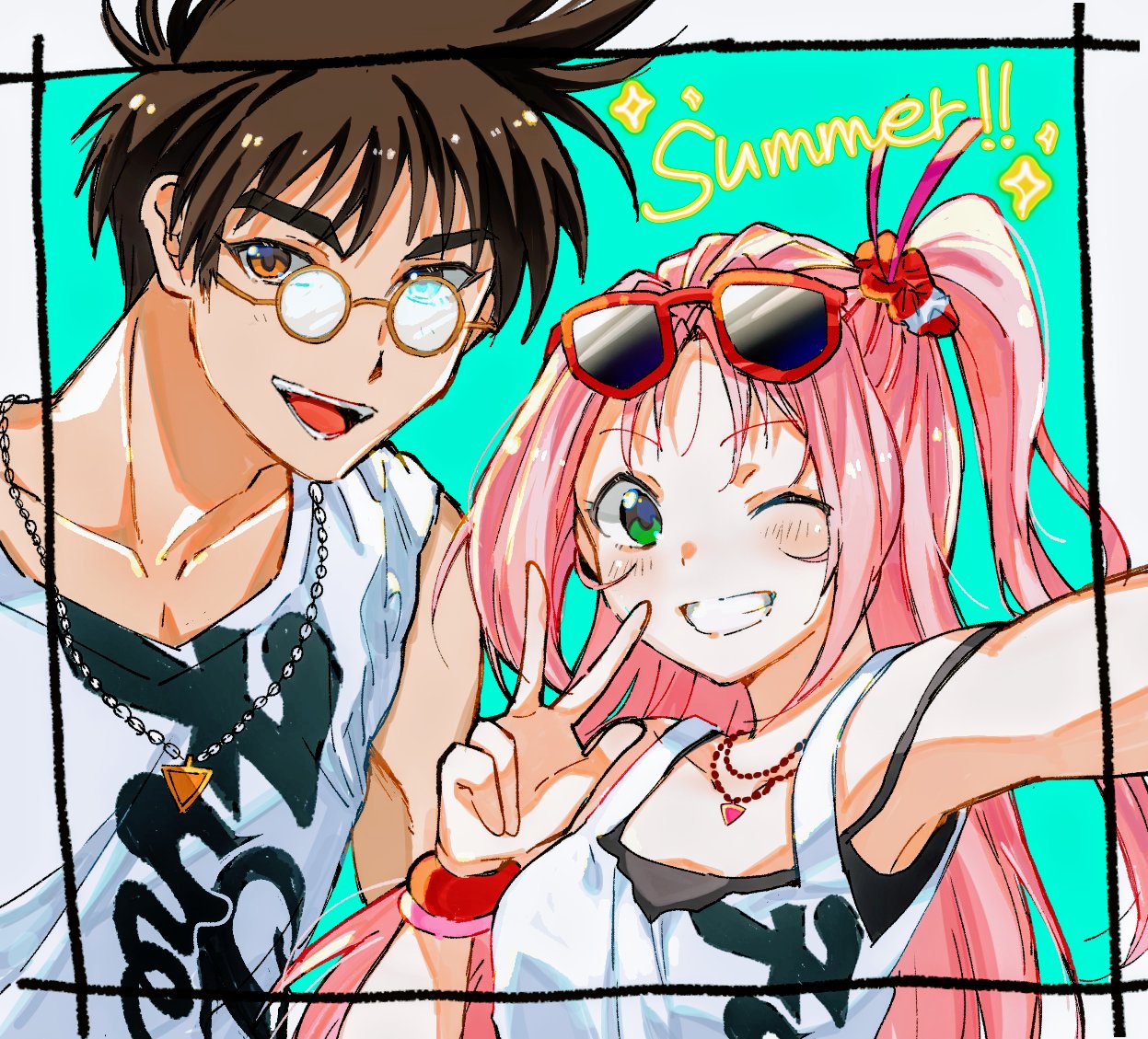 1boy 1girl bracelet brown_eyes brown_hair commentary english_text eyewear_on_head glasses green_eyes jewelry long_hair looking_at_viewer looking_to_the_side macross macross_7 mio_(matcha) mylene_jenius necklace nekki_basara one_eye_closed pink_hair side_ponytail summer sunglasses thick_eyebrows v