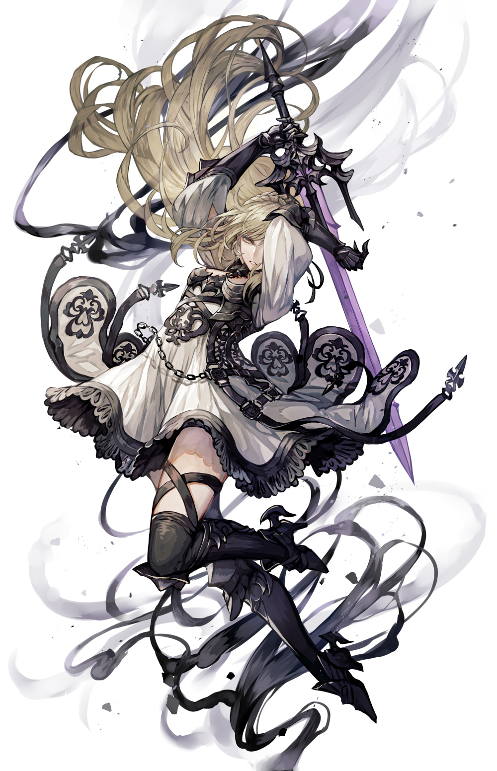 1girl armor arms_up black_legwear braid chain dress frills gauntlets greaves half-closed_eyes high_heels highres holding holding_sword holding_weapon knight long_hair original parted_lips senano-yu solo sword vambraces weapon yellow_eyes