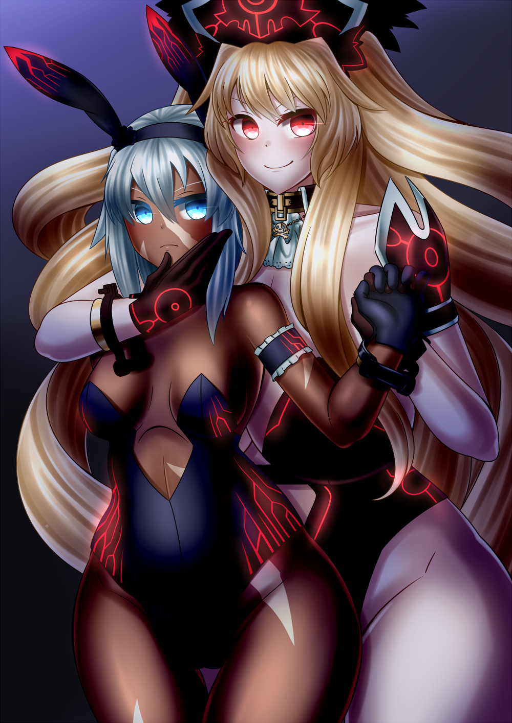 2girls alternate_color animal_ears anne_bonny_(fate/grand_order) anne_bonny_(swimsuit_archer)_(fate) armor bare_shoulders black_swimsuit blue_swimsuit breasts bunny_girl collar corruption dark_persona dark_skin efreet eyelashes facial_scar fate/grand_order fate_(series) gloves hair_between_eyes hand_on_another's_face hat highres huge_breasts light_blue_eyes mary_read_(fate/grand_order) mary_read_(swimsuit_archer)_(fate) multiple_girls pink_eyes pirate_hat platinum_blonde_hair rabbit_ears scar shoulder_armor silver_hair skull small_breasts smile swimsuit thighs wide_hips