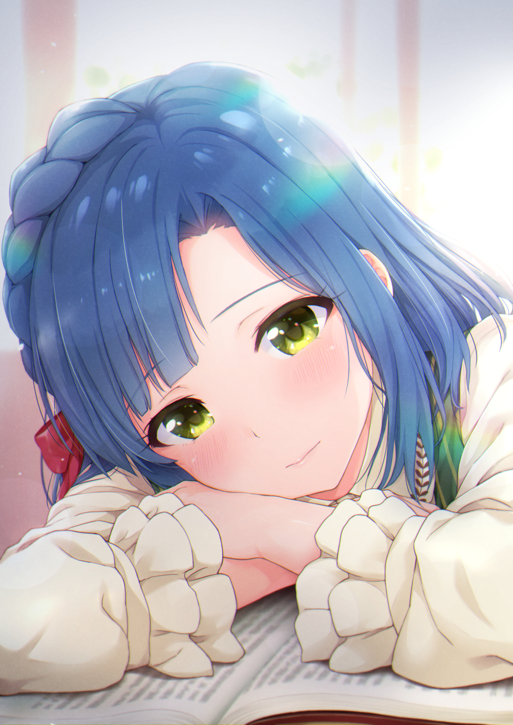 1girl amenosorashido bangs blue_hair blurry blurry_background blush book bow braid closed_mouth commentary_request crossed_arms eyebrows_visible_through_hair face frilled_sleeves frills hair_bow head_rest head_tilt highres idolmaster idolmaster_million_live! indoors lens_flare light_particles long_sleeves looking_at_viewer medium_hair nanao_yuriko open_book parted_bangs red_bow shiny shiny_hair shirt solo upper_body white_shirt yellow_eyes