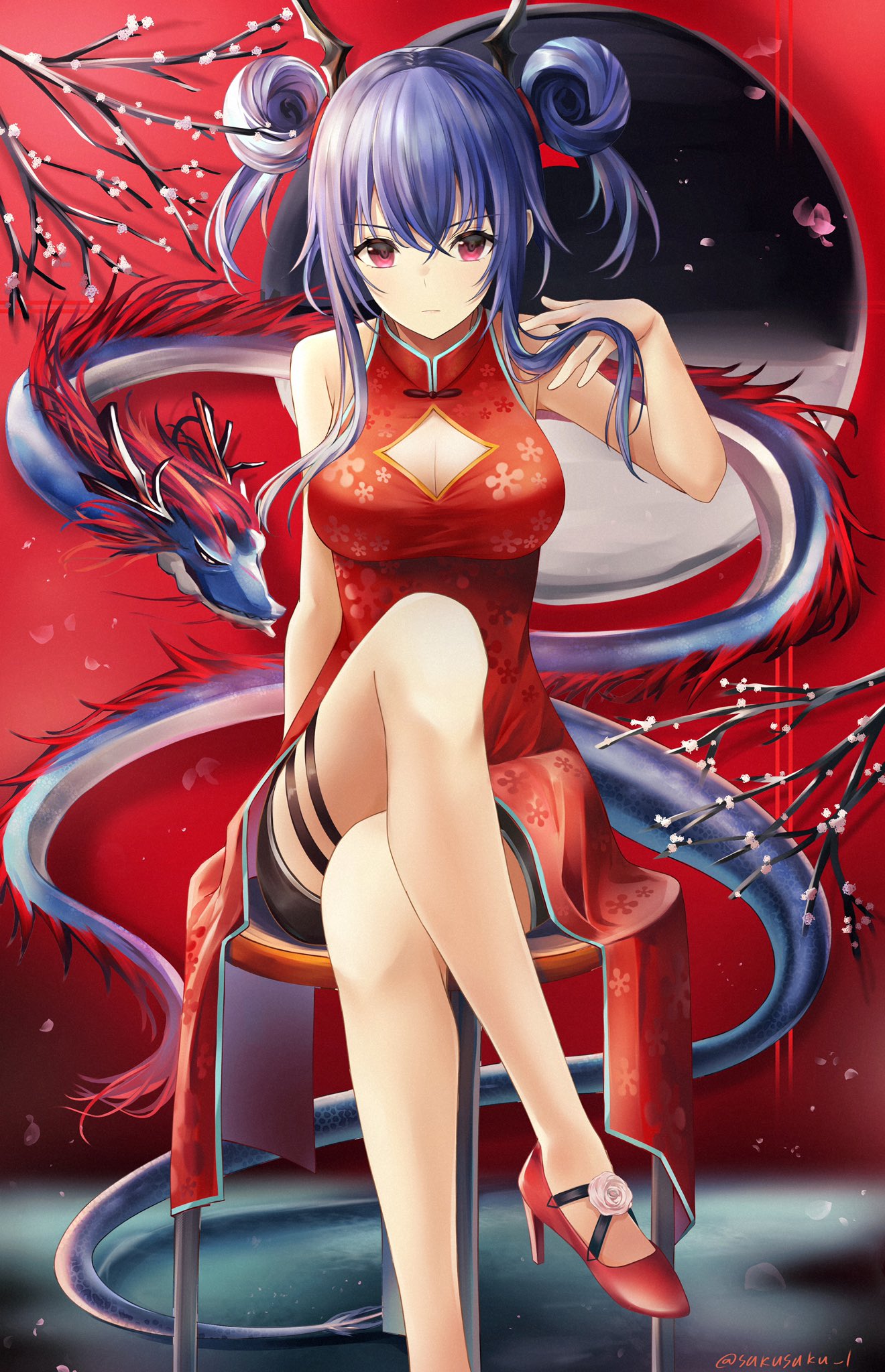 1girl arknights bare_legs branch breasts ch'en_(arknights) china_dress chinese_clothes cleavage_cutout closed_mouth commentary crossed_legs double_bun dragon dragon_horns dragon_tail dress eastern_dragon expressionless eyebrows_visible_through_hair full_body hair_between_eyes hair_bun hand_in_hair high_heels highres horns looking_at_viewer medium_breasts medium_hair petals red_dress red_footwear side_bun sidelocks sitting sketch sleeveless sleeveless_dress solo stool sukuemon tail thighs violet_eyes