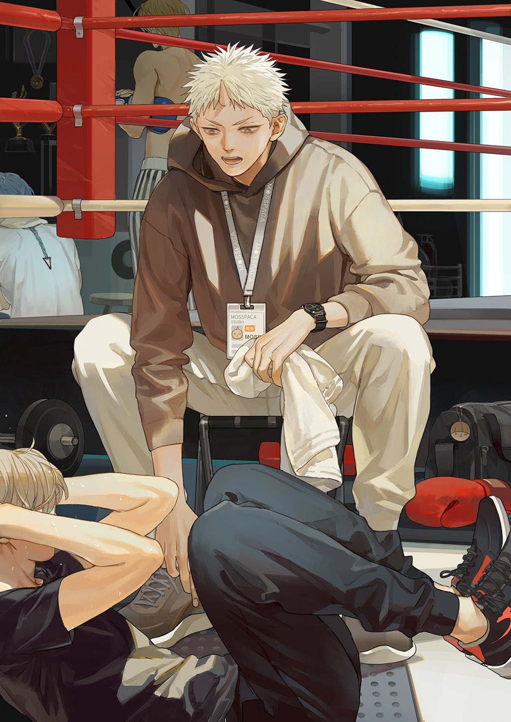 4boys bag black_bag black_footwear blonde_hair blue_hair boxing_gloves boxing_ring brown_eyes brown_footwear brown_hoodie charm_(object) dumbbell exercise fingernails gloves gym highres holding holding_towel hood hood_down hoodie horns id_card indoors lanyard long_hair looking_at_another male_focus medal multiple_boys oni oni_horns open_mouth original ponytail shoes single_horn sit-up sitting sneakers standing striped sweat tanjiu teeth tongue towel training trophy watch white_hair
