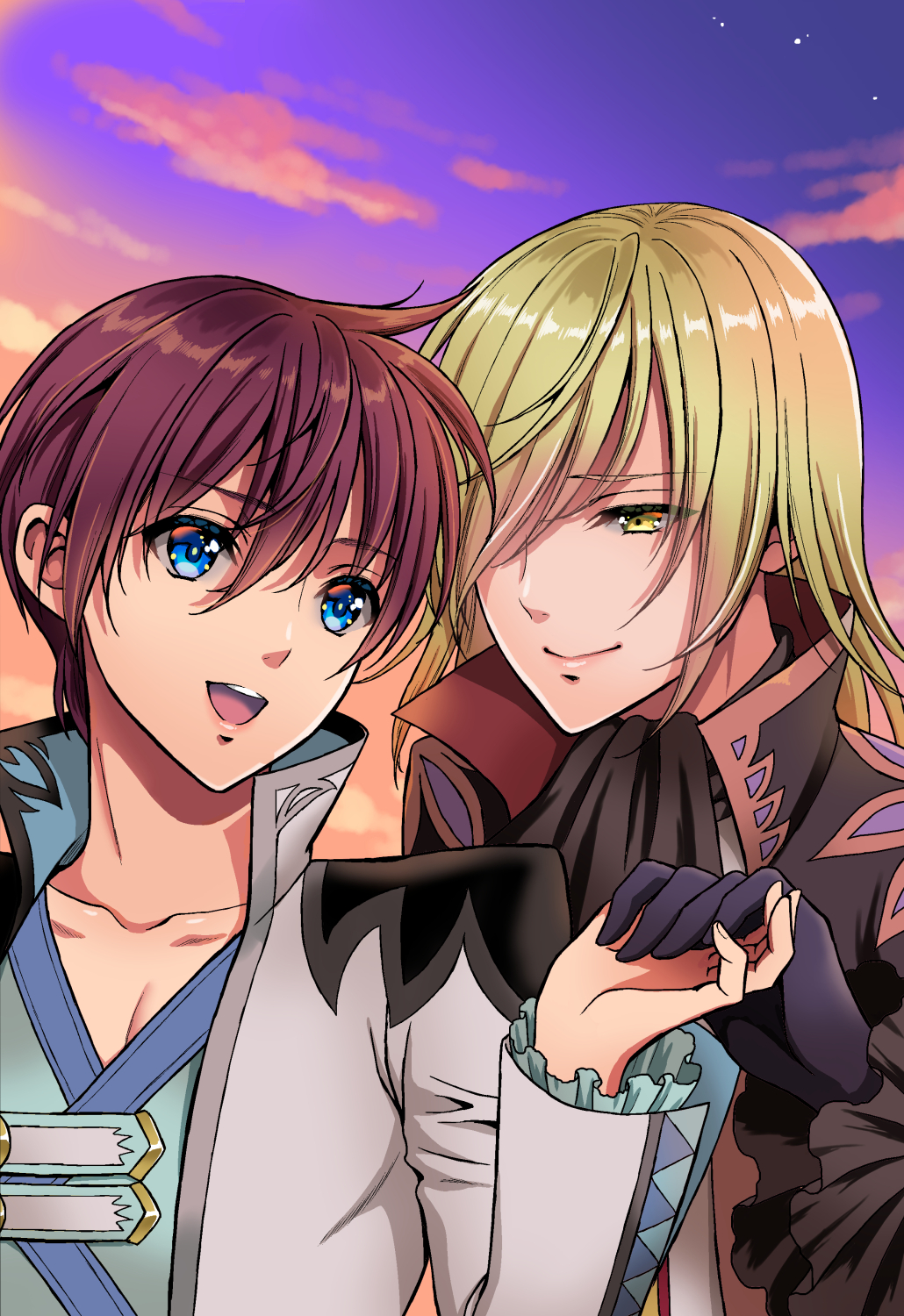 2boys :d asbel_lhant black_neckwear blonde_hair blue_eyes closed_mouth clouds cloudy_sky coat cravat gloves hair_over_one_eye highres holding_hands jacket long_sleeves male_focus multiple_boys one_eye_covered open_clothes open_jacket open_mouth purple_gloves purple_sky redhead richard_(tales) sky smile sunset tales_of_(series) tales_of_graces upper_teeth usagi_nagomu white_jacket yellow_eyes