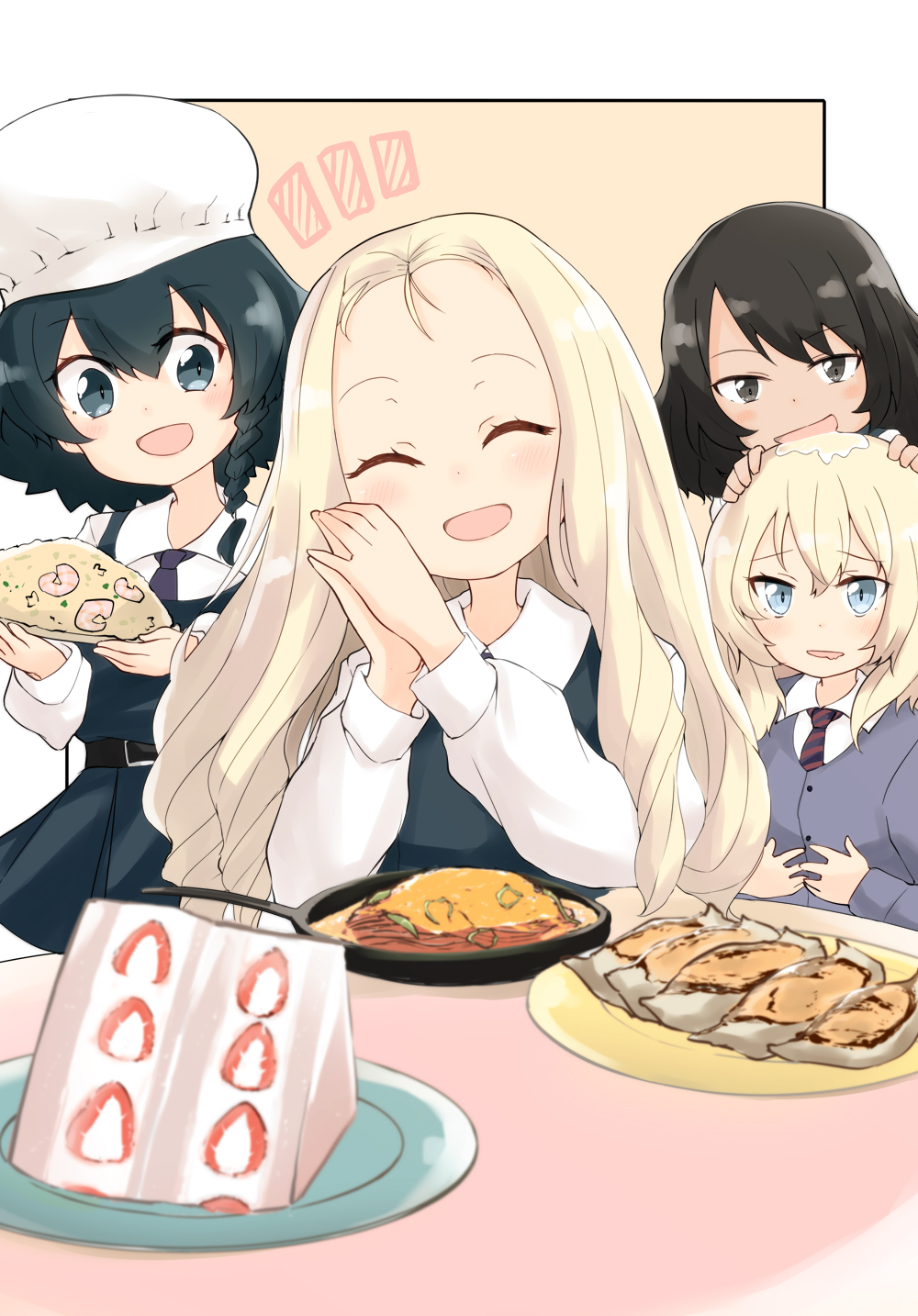 4girls :d alternate_costume andou_(girls_und_panzer) bangs barashiya bc_freedom_school_uniform black_border black_dress black_eyes black_hair blonde_hair blue_cardigan blue_eyes blue_neckwear border braid cake cardigan chef_hat closed_eyes collared_shirt commentary dark_skin dress dress_shirt drill_hair drooling food girls_und_panzer half-closed_eyes hands_on_another's_head hands_on_own_stomach hands_together hat highres holding holding_plate hungry long_hair long_sleeves looking_at_another looking_at_viewer marie_(girls_und_panzer) medium_hair messy_hair multiple_girls necktie notice_lines open_mouth oshida_(girls_und_panzer) outside_border pasta pepperoni_(girls_und_panzer) pinafore_dress plate saliva school_uniform shirt short_dress short_hair side_braid sitting smile table white_headwear white_shirt wing_collar